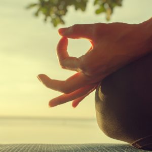 serenity and yoga practicing at sunset, meditation